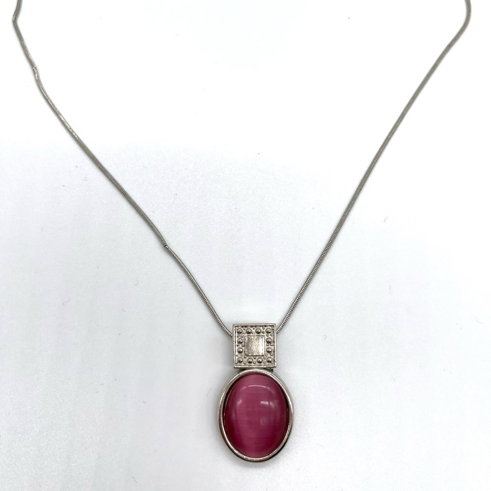 Pink Cats Eye Pendant on Silver tone chain 22 inches Length